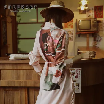 

CHEERART Pink Long Shirt Dress Women Long Sleeve Autumn Print Tunic Floral Silk Dress Button Up Ladies Desses Clothing