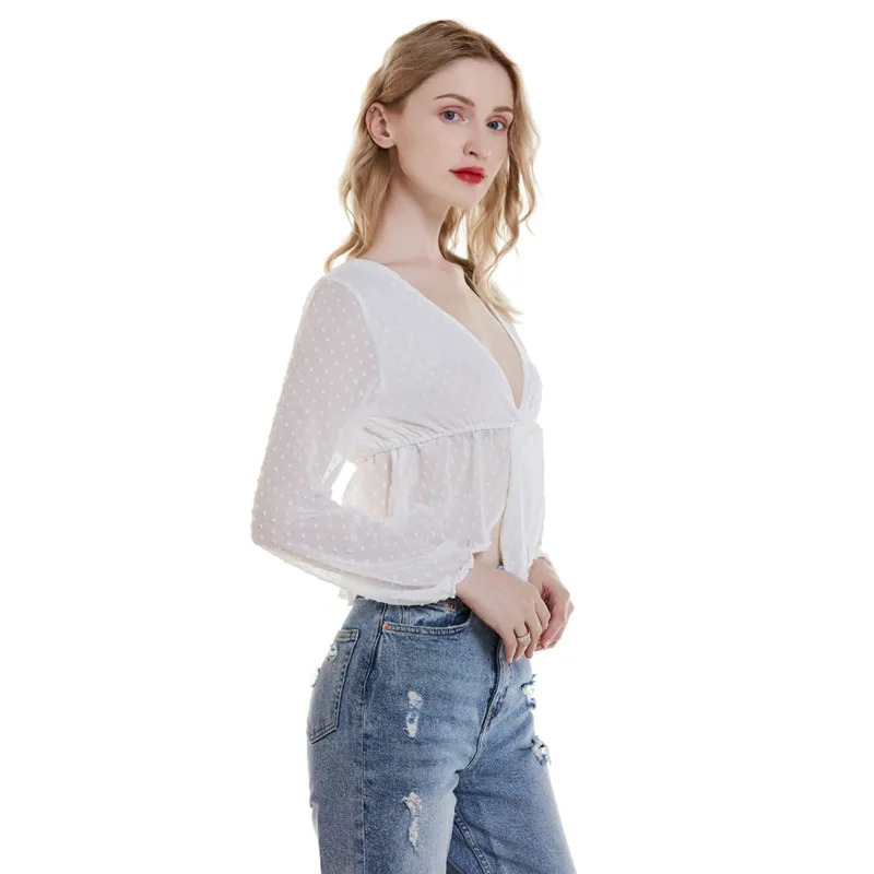 Летние повседневные Blusas Mujer De Moda с v-образным вырезом кружевные короткие женские рубашки-топы и блузки однотонные Длинные Blusas женское короткое платье