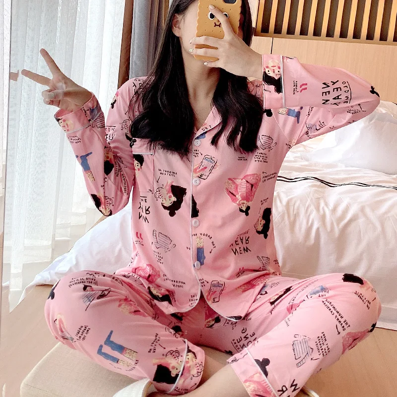 Женские хлопковые пижамные комплекты повседневная одежда для сна с изображением