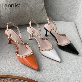

ENNIS Patent Leather High Heels Women Rivet Pumps Pointed Stiletto Shoes Summer Sandals Brand Designer Ladies Pump Shoes P0025