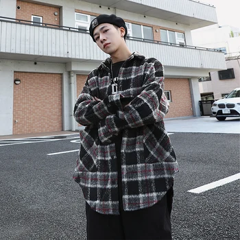 

Plaid Woolen Jacket Men's Fashion Retro Casual Woolen Coat Men Streetwear Hip Hop Loose Woolen Jackets Male Outwear M-2XL