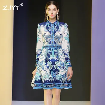 

Runway Dress 2020 Spring Fashion Woman Clothes Elegant Lady Long Sleeve Turn Down Collar Retro Print Casual Aline Holiday Dress