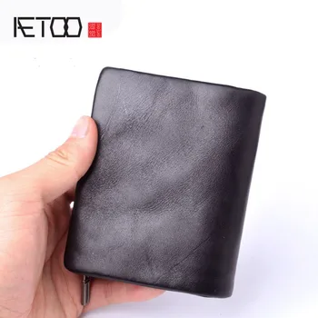 

AETOO Original handmade wallet men retro short wallet first layer of leather zipper wallet men Vintage wallets black