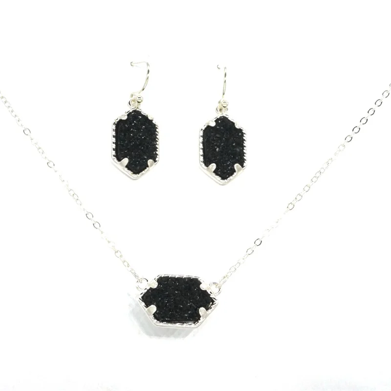 D black Druzy Drusy ожерелье серьги ювелирный набор смолы кристалл серьги с камнем серебряный бренд шестиугольник Висячие серьги для женщин вечерние - Окраска металла: D black
