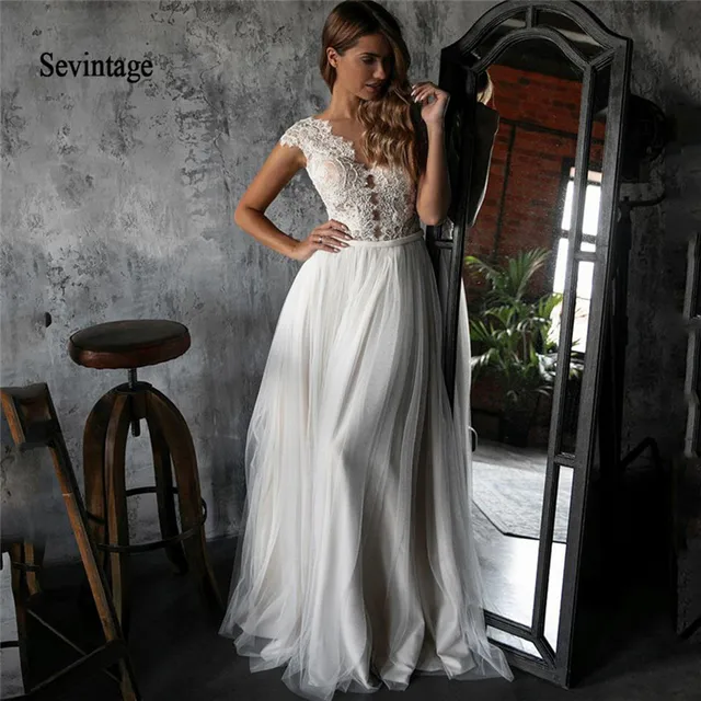 $US $94.52 Sevintage 2020 Illusion Scoop Boho Wedding Dresses Cap Sleeve Lace Appliques Bridal Dress Sheer Back with Buttons Robe De Mariee