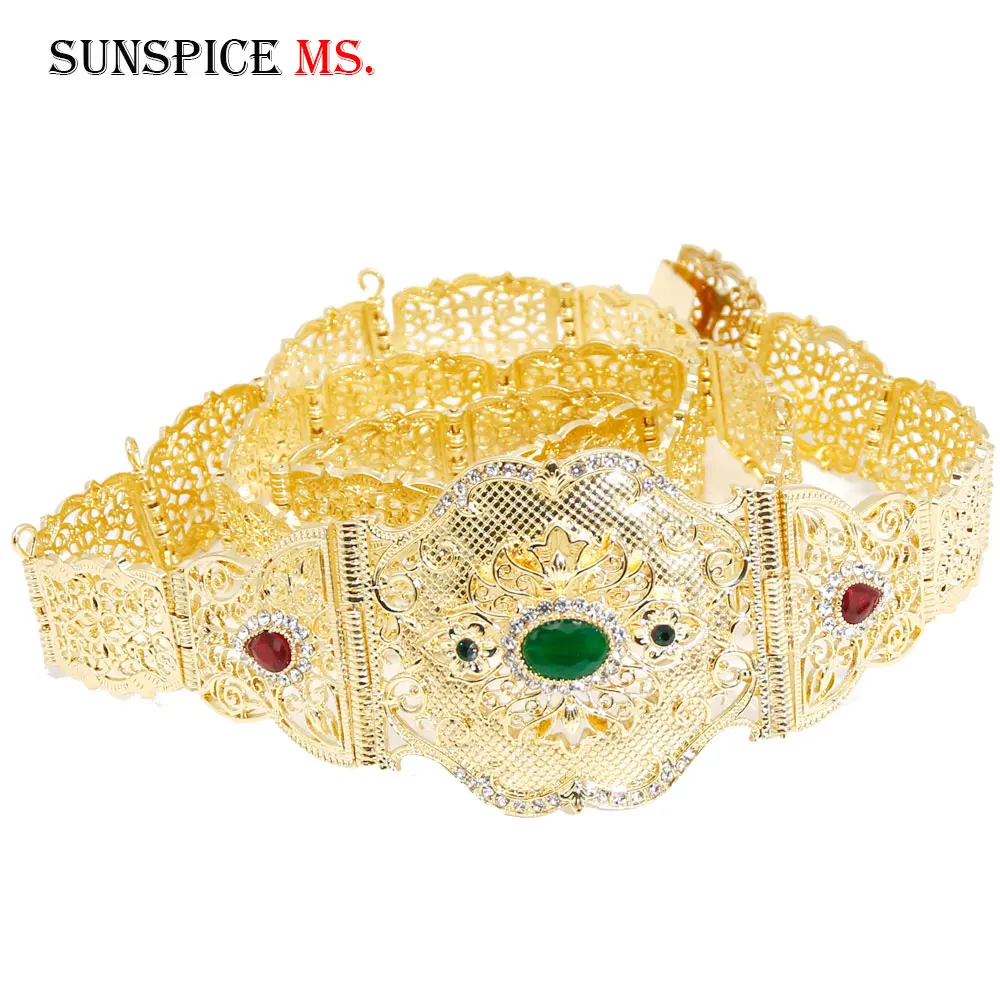 SUNSPICE-MS, Morocco, Женский цепной ремень на талию, золотистый цвет, с красным зеленым кристаллом, в этническом стиле, Свадебный металлический кафтан, ювелирные изделия