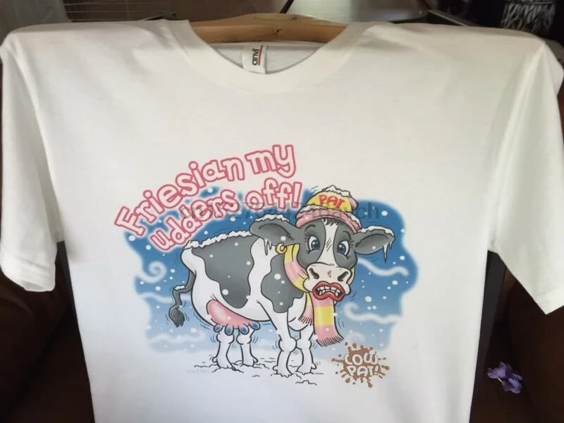 

Mens Unisex T Shirt Funny Cartoon Friesian Cow Friesian My Udders Off Caption