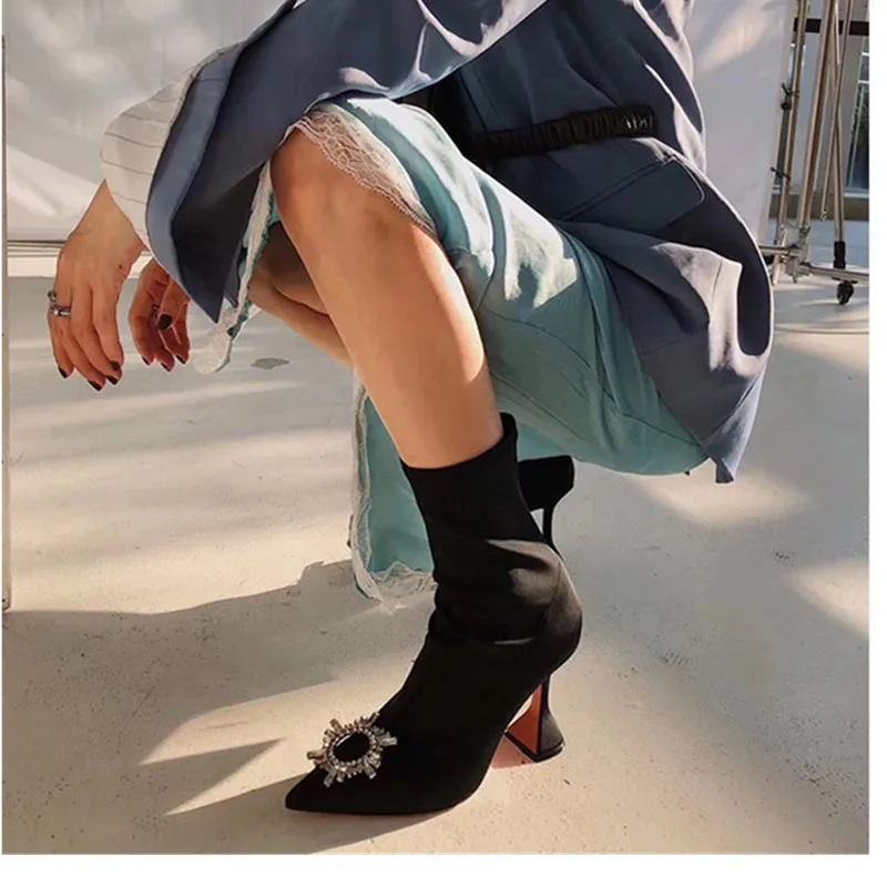 

Womens Pointed Toe Rhinestones Sunflower Crystal Decor Stretchy Sock Ankle Boots Stilettos Stilettos High Heel Shoes Side Zipper