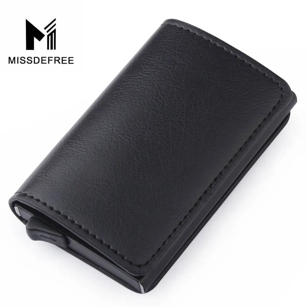 Алюминий бумажник с заднего кармана ID Card Holder RFID Блокировка мини-тонкий металлический кошелек автоматические всплывающие Кредитная карта монет кошелек - Цвет: Black Leather Wallet