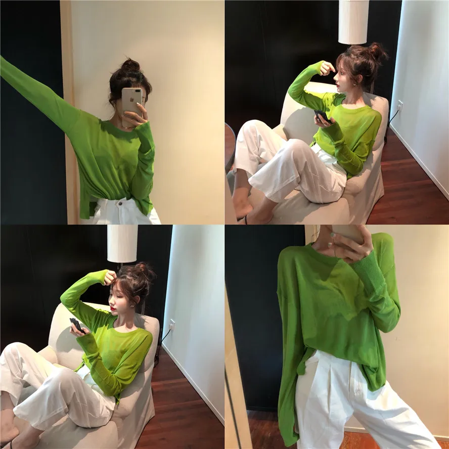 Корейский стиль зеленый сплошной цвет тонкие трикотажные свитера женские Защита от солнца топы с длинными рукавами женские(R1191