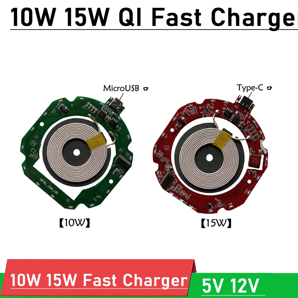 

10W/15W 2A Qi Fast Wireless Charger PCBA Module Transmitter Circuit Board TYPE-C POWRE Micro USB 5V 12V + Coil DIY Charging