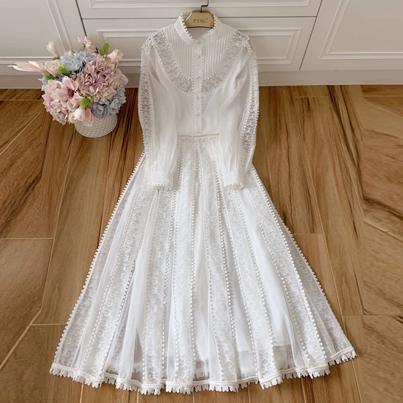 

Red RoosaRosee Designer Women Autumn 2 Piece Set Luxury Embroidery Long Lantern Sleeve Blouse + Maxi Skirt White Suit Female New