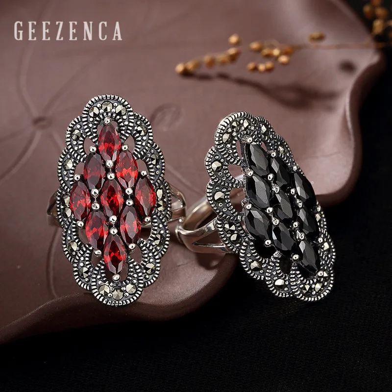 

925 Sterling Silve Rings Handmade Marcasite Craft Gemstone Ring for Women Turkish Jewelry Wide Luxury Cocktail Gift