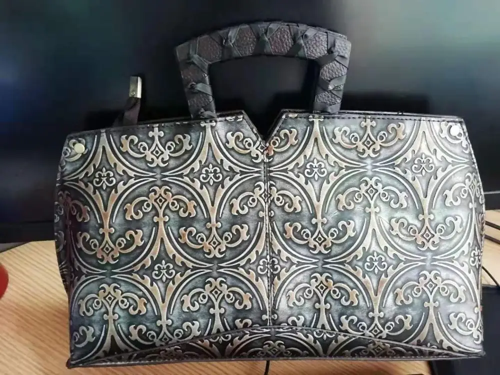 Silver Coffee A Женская сумка из натуральной тисненой кожи, Ретро стиль, настоящая воловья кожа, сумка через плечо, женская сумка-мессенджер для отдыха, сумки на плечо - Цвет: Silver Coffee A
