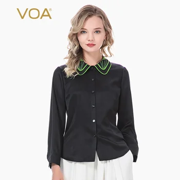 

VOA Satin 19mm Stretch Twill Doll Collar Mix Material Stitching Green Color Arch Needle Long Sleeve Single-Breasted Shirt BE159