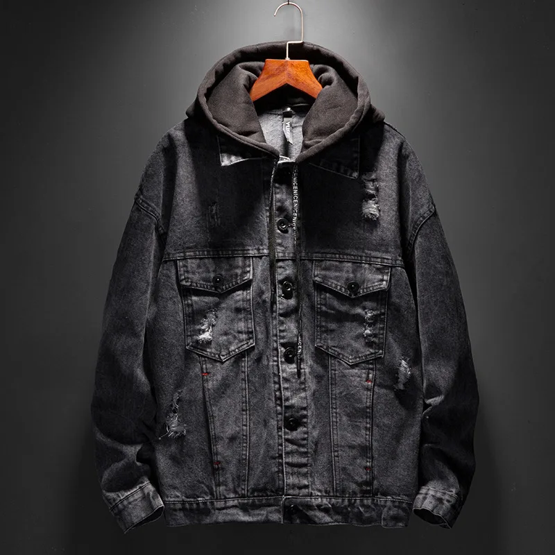 

BOY'S Jeans Coat 2018 Autumn & Winter Fashion-Grunt Head Printed Retro with Holes Hooded Denim Jacket