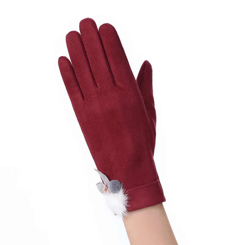 F Wine red Новые зимние женские плюшевые Наручные Теплые кашемировые полные митенки для пальцев женские замшевые кожаные перчатки для вождения с сенсорным экраном - Цвет: F Wine red