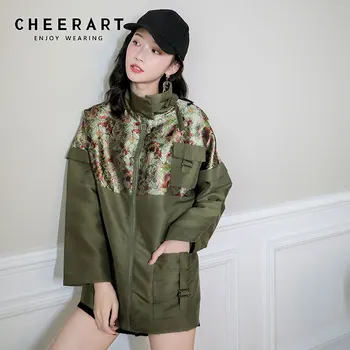 

CHEERART Army Green Jacket Women Patchwork Flower Jacket And Coats Safari Style Zipper Up 2019 Autumn Jacket Clothes