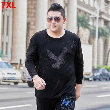 

Spring and autumn men's plus size XL trend black printed long-sleeved T-shirt 140kg super extra large o-neck t-shirt