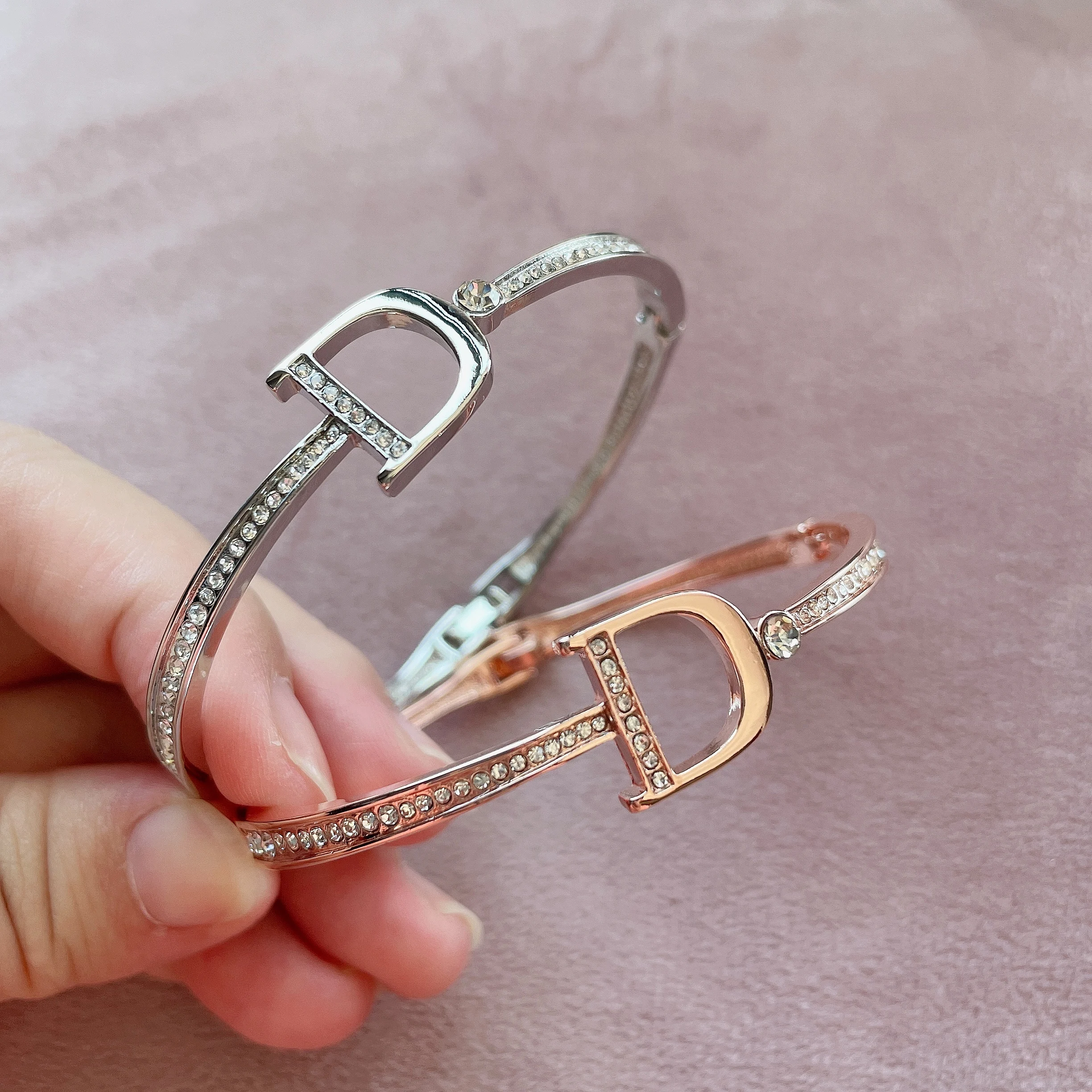 Bangle bracelet crystal bracelets Simple Rose Gold Silver Color Bangles Letter Crystal Cuff Bracelet & Bangle For Women Girls Female