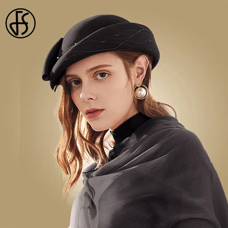 Black Wool Fedora FS британские розовые шерстяные шапки для женщин, черный берет, шапка, французские зимние фетровые шапки, жемчужные береты, женские шапки стюардессы, фетровые шапки - Цвет: Black Wool Fedora