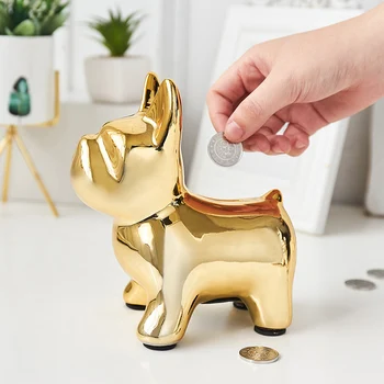 

Golden Cute Bull Dog Money Boxes Ceramic Bulldog Piggy Bank Imitation Dogs Ornaments Living Room Cabinet Decorative Art Crafts