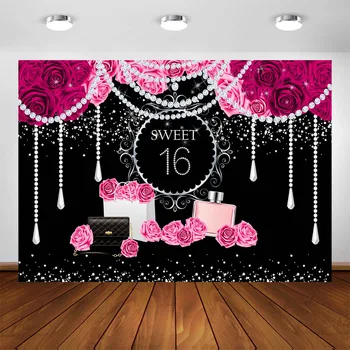 

Sweet Sixteen Birthday Background PINK Sweet 16 Party Banner Girl Bling Diamonds Pearls Rose Quinceanera Backdrop for Photograph