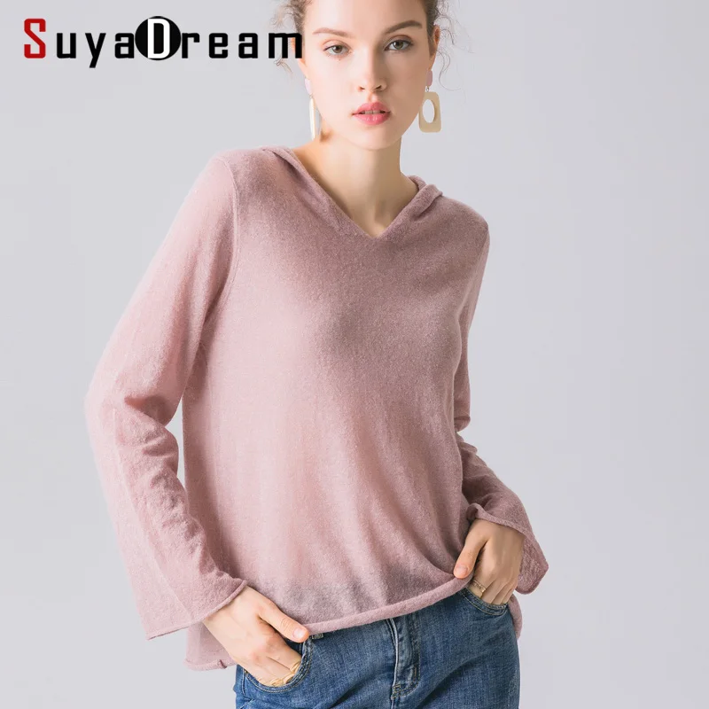 

Women Hooded Pullovers V neck Long Sleeved Solid Sweaters 2019 Fall Winter Plain Hooded Sweaters Causal Knitwear