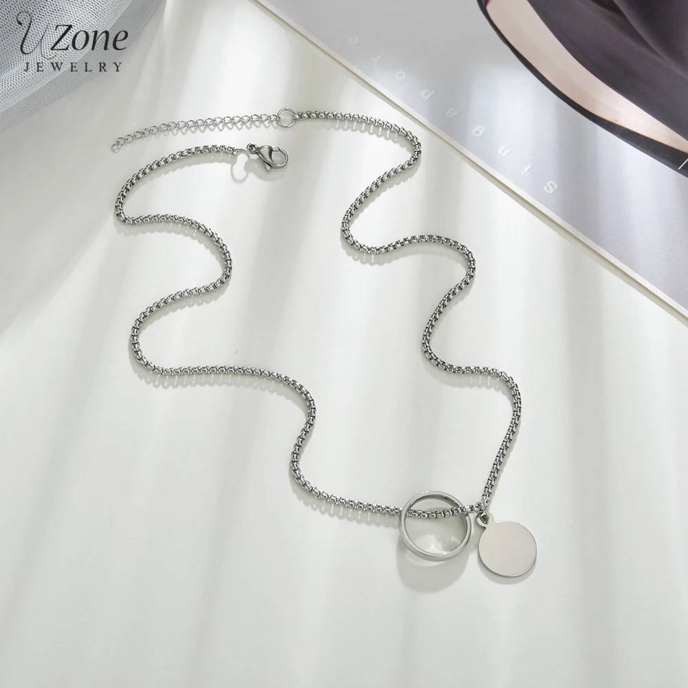 

Uzone Customized Engrave Name Stainless Steel Ring Necklaces Round Pendant Chain Necklace for Women Jewelry Birthday Gift