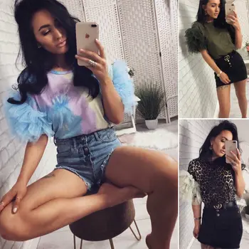 

Elegant Women Summer Layered Lace Tulle Ruffle Short Puff Sleeve Tees Modern Ladies Loose Casual Candy Color T-Shirts Top