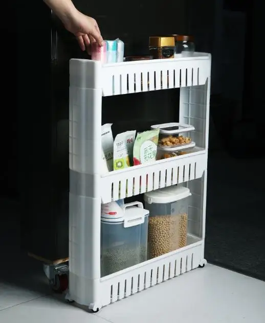 3 layers white Передвижной стеллаж для хранения, пластиковый стеллаж для холодильника с роликовыми полками, полки для кухни и ванной, полки для прачечной - Color: 3 layers white