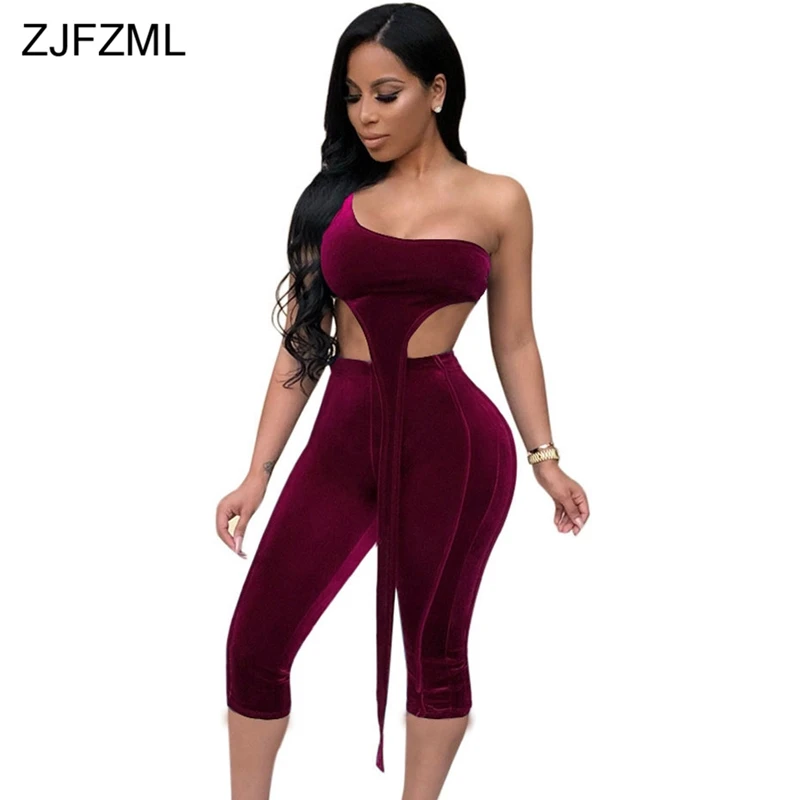 

ZJFZML Velvet Plus Size 2 Two Piece Suits Women One Shoulder Irregular Crop Tops+Biker Bodycon Midi Shorts Autumn Casual Outfits