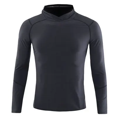 Осенняя футболка для бега, Мужская футболка с длинным рукавом, с капюшоном, Рашгард, рубашки для спортзала, фитнес-тренировочная футболка, быстросохнущая дышащая спортивная одежда - Цвет: P44-1 black shirts