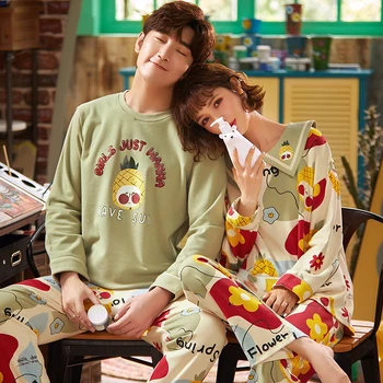

2020 Cute Lover Night Suit Men & Women Cartoon Pajamas Set Thick Long Sleeve Couple Sleepwear Winter Pijamas Mujer M-3XL
