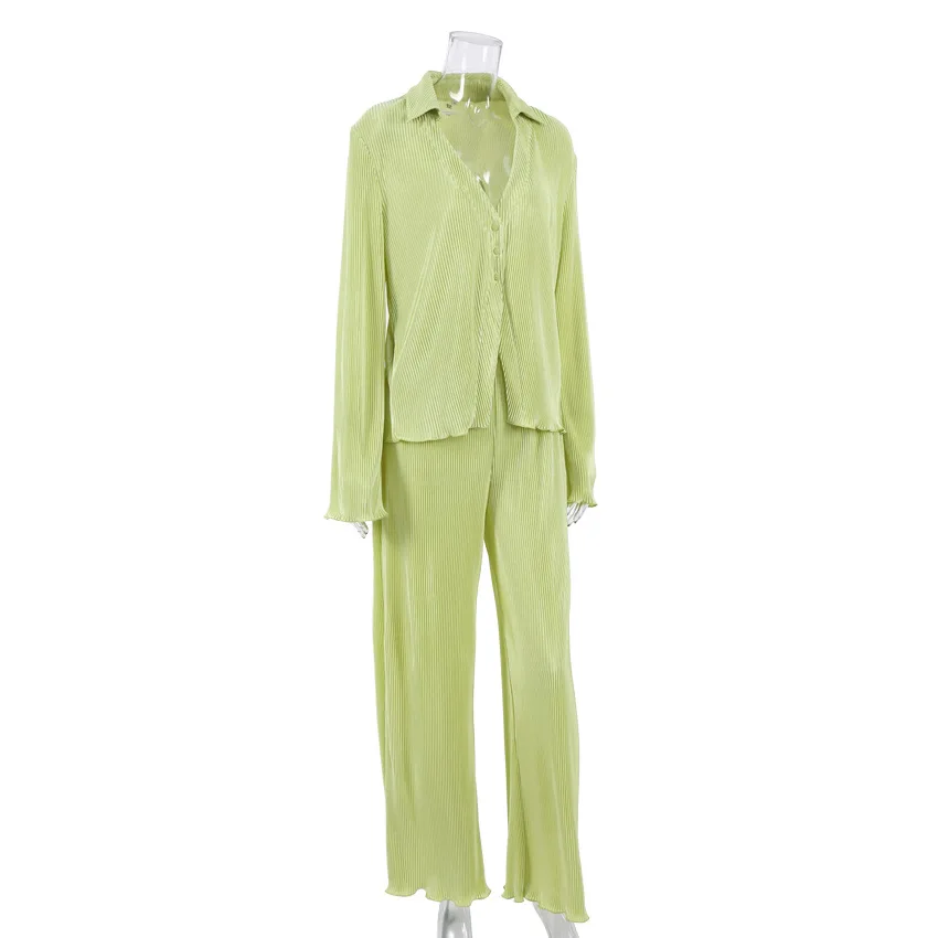 Bornladies Casual Ladies Office 2 Piece Sets Summer Women Outfit Long Sleeve Shirt And Loose Pants Green Pleated Suit Female