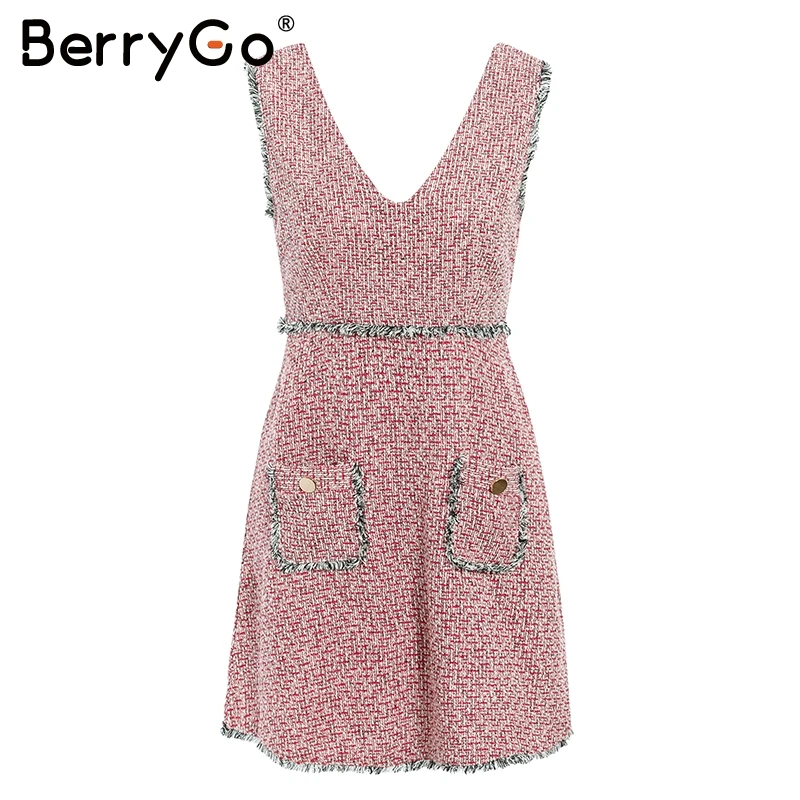 BerryGo, элегантное, офисное, женское, клетчатое, зимнее платье,, длинный рукав, стоячий воротник, толстое, теплое, с кисточками, платье, модное, тонкое, женское, vestido - Цвет: Розовый