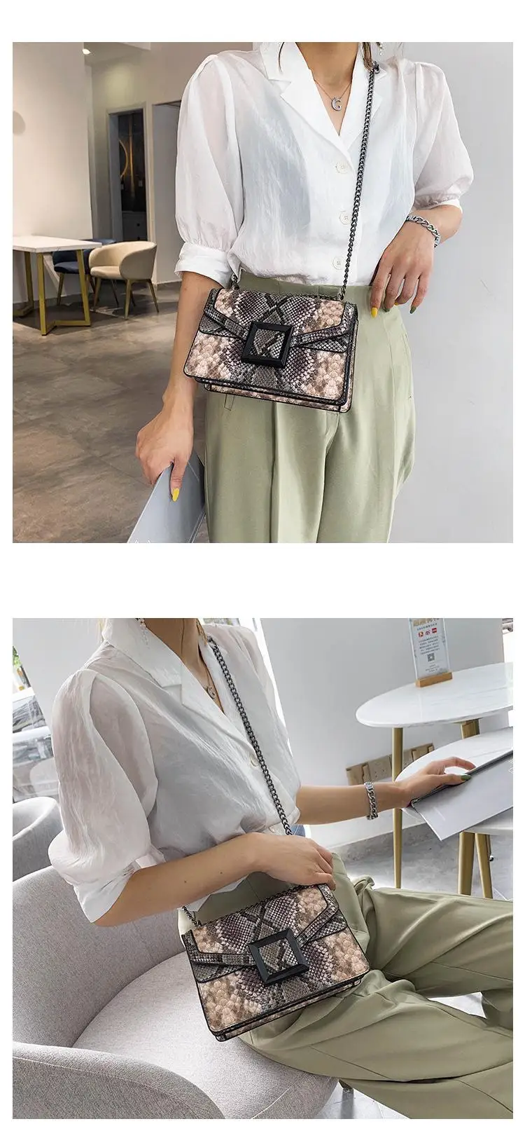 Messenger Bag Serpentine Pattern Crossbody Bag Snake Print Women's Shoulder Bag Stitching Hit Color Chain Small Square Snake Bag