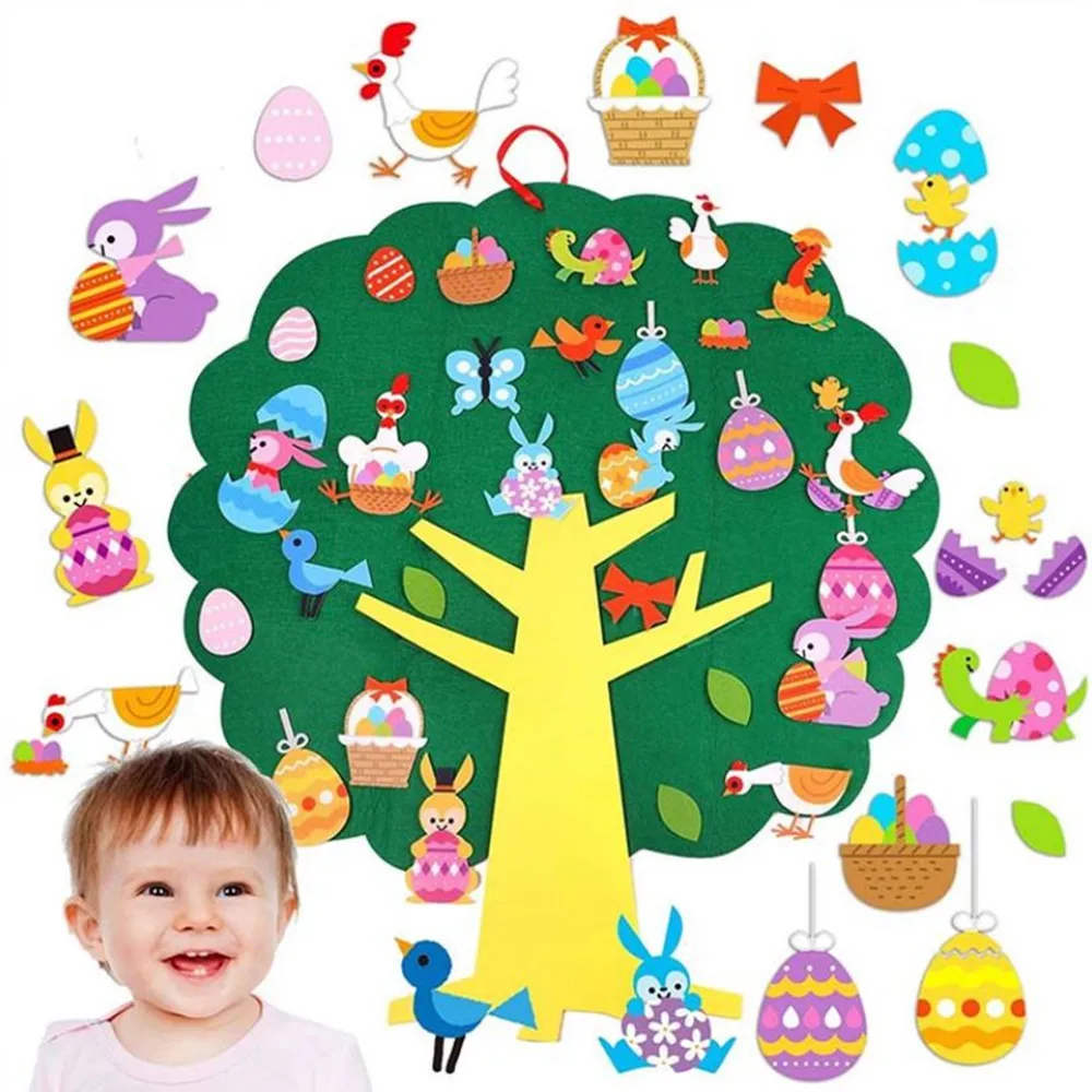 DIYASY Easter Felt Tree with 30 pcs Detachable DIY Bunny Chick Egg Ornaments for Kids Wall Hanging Decorations and Easter Gifts. 