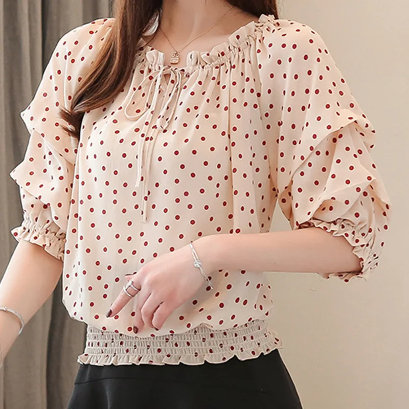 

Women Red Dot Chiffon Shirt 2020 New Style Summer Tops And Blouses Sweet Cute Lady Off-Shoulder Short Sleeve Blouse Women Blusas