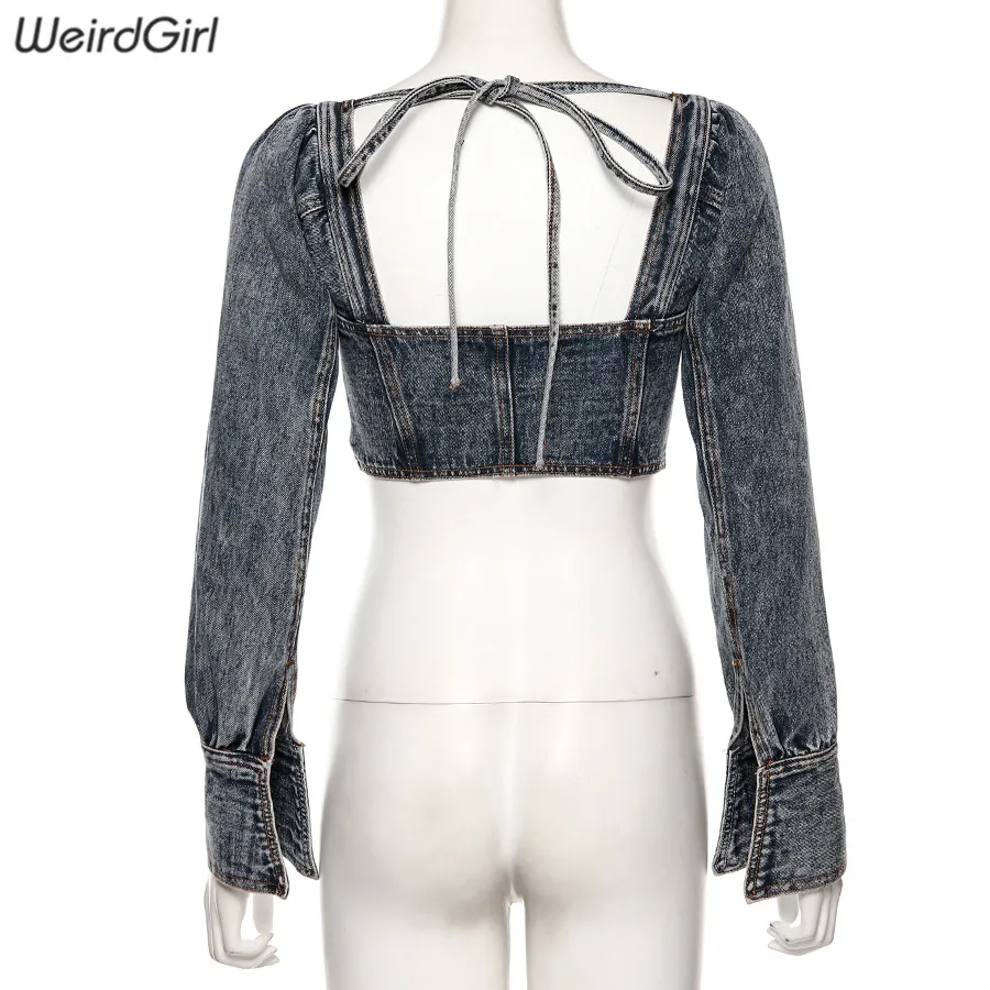 discount  Weirdgirl New zipper Full Sleeve Denim coat square neck bow jacket backless Short Style Coats autum