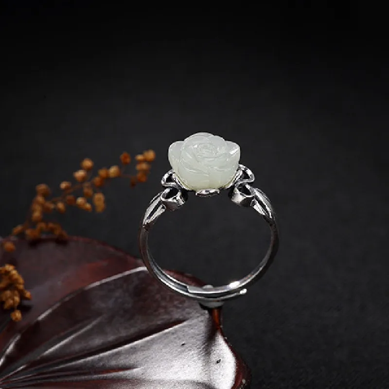 

S925 Sterling Silver Vintage Inlaid Natural Hetian Jade White Jade Rose Flower Lady Open Silver Ring