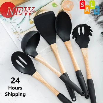 

New 6/7 Pieces Cooking Tools Set Premium Silicone Kitchen Cooking Utensils Set Turner Soup Spoon Strainer Pasta Server Spoon