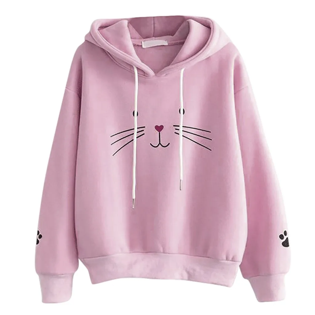 JAYCOSIN Fashion Autumn Women Casual Cat Printing Sweatshirt Unique Elegant Comfortable Chic Hooded Pullover Tops Loose Blouse