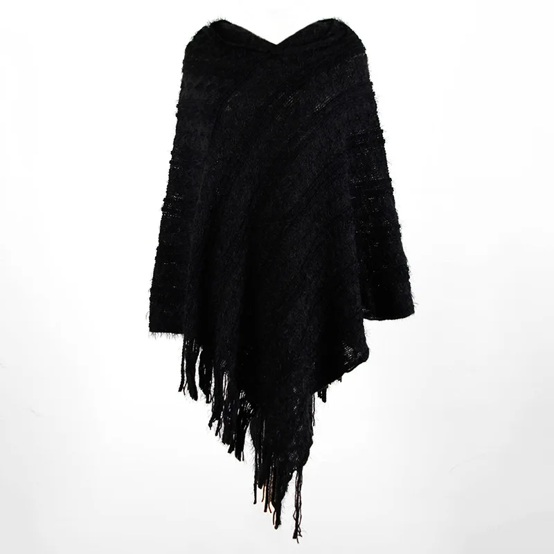 Autumn winter Cloak shawl Pullover knitted sweaters women Fringed cloak shawl Hooded shawl striped lady sweaters women