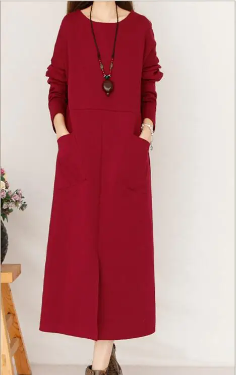

Retro Solid Color Crew Neck Artistic Long-sleeved Dress Women's 2018 Autumn And Winter Loose-Fit Long Base Long Skirts