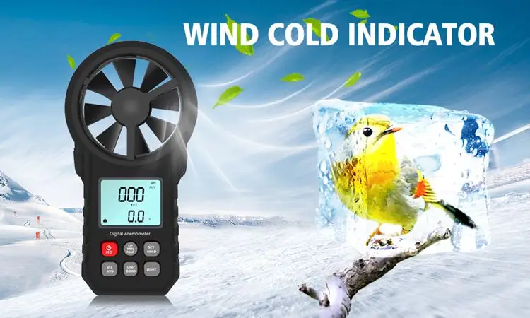 Digital Anemometer LCD Electronic Air Volume Wind Velocity Speed Temperature Value Meter Wind Cold Indicator LED Light Data Hold