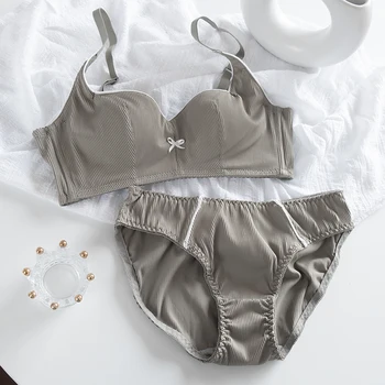 

Wriufred Retro bra set sexy beautiful back underwear solid color sweet gathering adjustable bralette bow girl push up lingerie