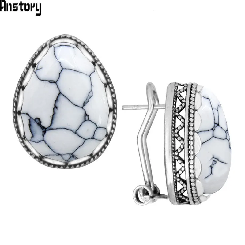 5 Colors Water Drop Stone Earrings Stud Vintage Lady Antique Silver Plated Push-Bback Earrings Fashion Jewelry TE509