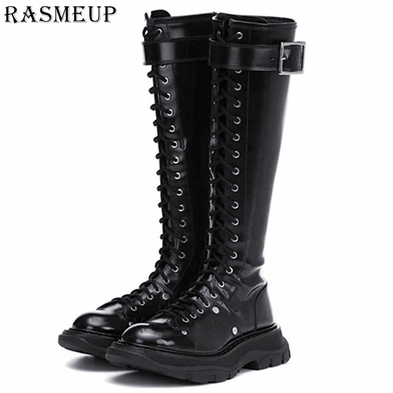 Tanie RASMEUP skórzane damskie buty do kolan 2020 marka projekt zima zasznurować kobiety platformy rozruchu wiosna panie Chunky buty