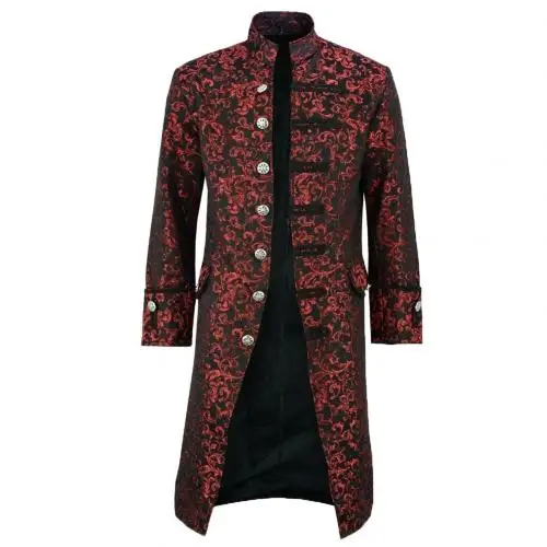Мужской винтажный пиджак-фрак, Готический стимпанк, куртка с длинным рукавом, викторианский пиджак, повседневная одежда на пуговицах для Хэллоуина - Цвет: Красный